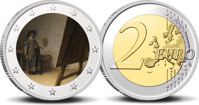 2 Euro munt kleur Rembrandt De schilder in zijn atelier