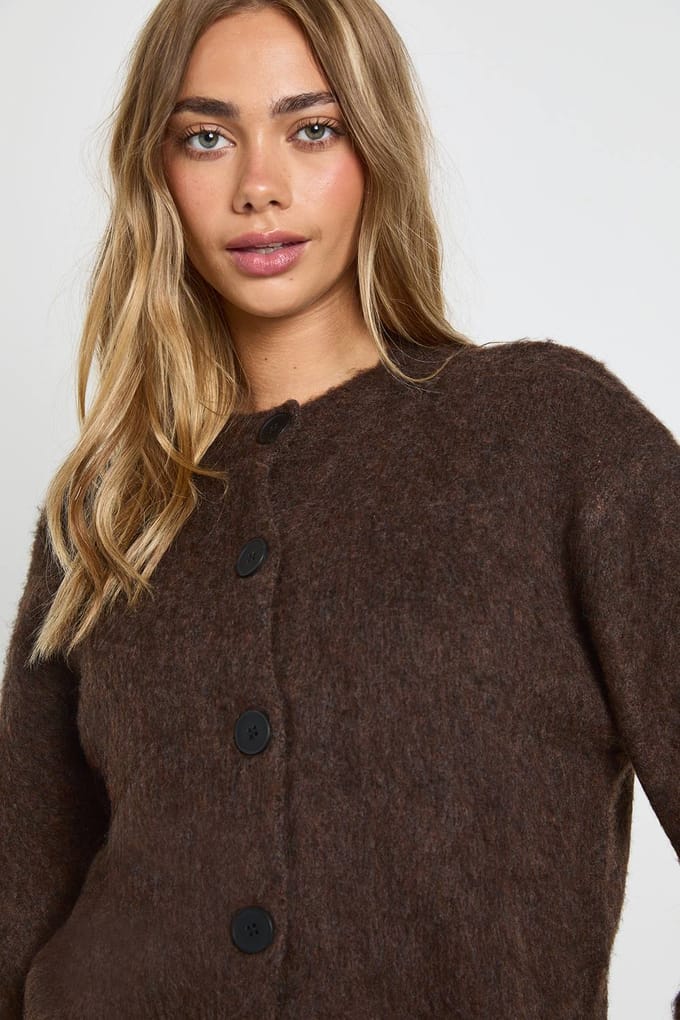 boohoo Dames Contrastzoomdetail, hoge hals gebreide cardigan | Chocoladebruin | Maat: Medium