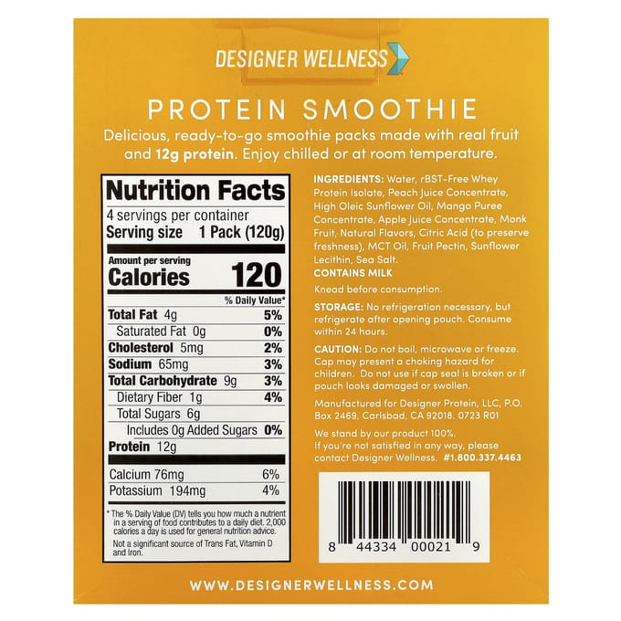 Designer Wellness Eiwit Smoothie, Perzik Mango, 4 Stuks, 120g (4,2 oz) Elk