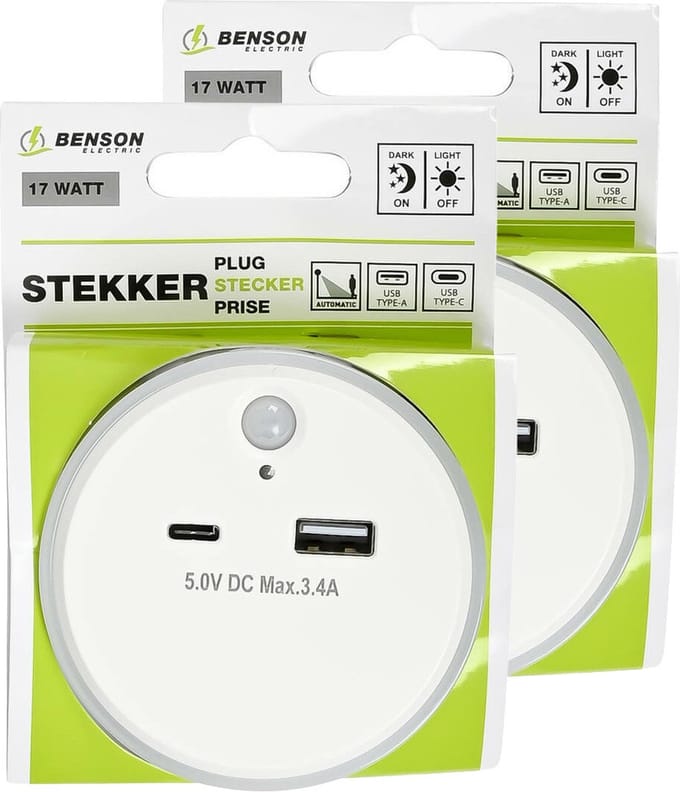 Benson LED nachtlampje - 2x - draadloos - met USB A en C - warm wit - dag/nacht + PIR sensor