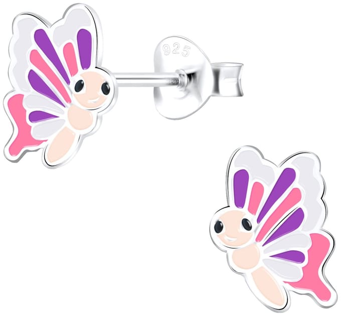 Joy|S - Zilveren vlinder oorbellen - 6 x 9 mm - roze paars wit
