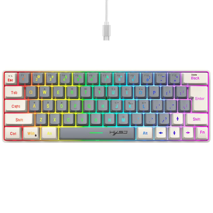 Clavier à membrane 63 touches avec éclairage coloré, filaire, pour jeux, câble USB-C détachable, pour bureau gris/blanc