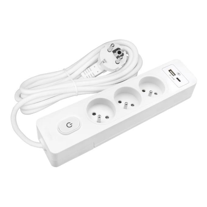 Stekkerdoos SELDUR G3FU22B, 3 stopcontacten type E + schakelaar, USB A+C standaard opladen 12W, Wit, kabel 2m wit