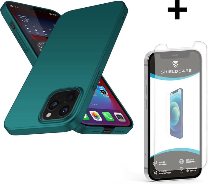 Shieldcase Ultra thin case geschikt voor Apple iPhone 12 / 12 Pro - 6.1 inch - dun telefoonhoesje - optimale bescherming - backcover - groen + glazen Screen Protector