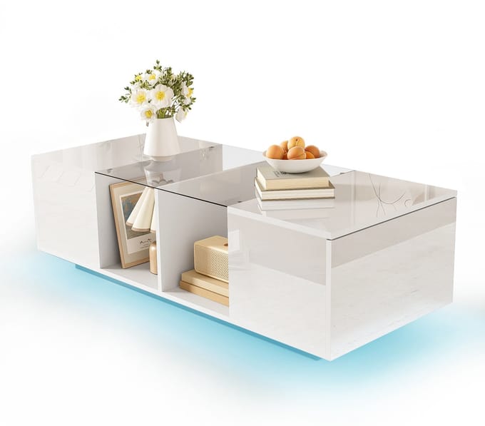 Moderne witte salontafel met ledverlichting, hoogglans tafelblad, 120 x 50 x 38,5 cm