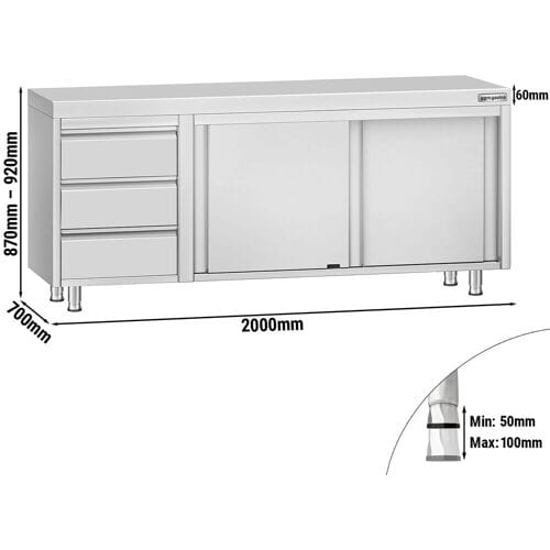 GGM Gastro Edelstahl Arbeitsschrank ECO - 2000x700mm - mit 3 Schubladen links Zilver