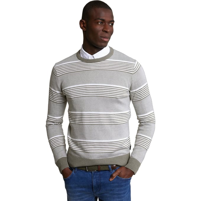 River Woods Custom Fit Cotton Striped Crew Neck Pullover Lt Safari Green Größe: S | Pullover Outlet | Herren | Grün