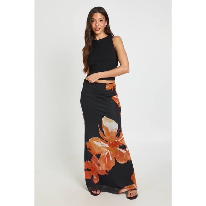 boohoo Dames Maxi Rok Met Bloemenprint En Mesh Voering | Black | Maat: 6