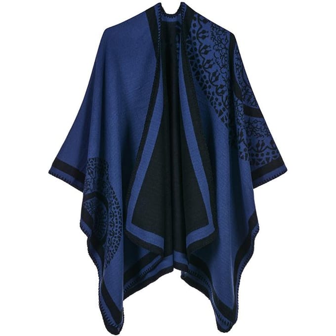 Etnische Vrouwen Sjaal Poncho Kunst Kasjmier Colorblock Tribal Jacquard Waterval Drape Lang Oversized blauw
