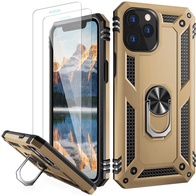 Hoesje Geschikt voor iPhone 12/12 Pro hoesje - Hardcase - Tough armor ring Goud + 2 stuks screenprotector