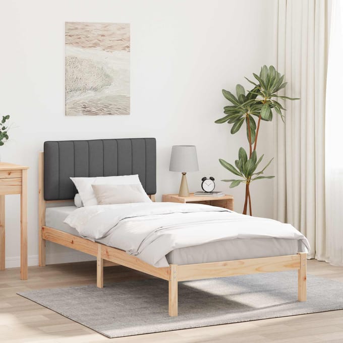 vidaXL - Bedframe - met - Gevoerde - Hoofdbord - Naturel - en - donkergrijs