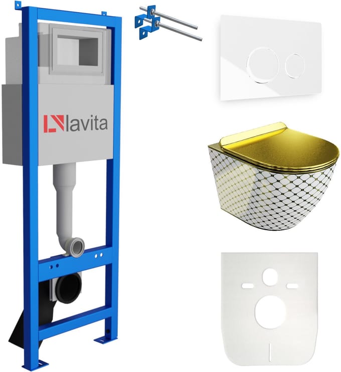 LAVITA complete toiletset SOFI SLIM CHECKED goud LAV 101 LAV 200.4.1 randloos wit