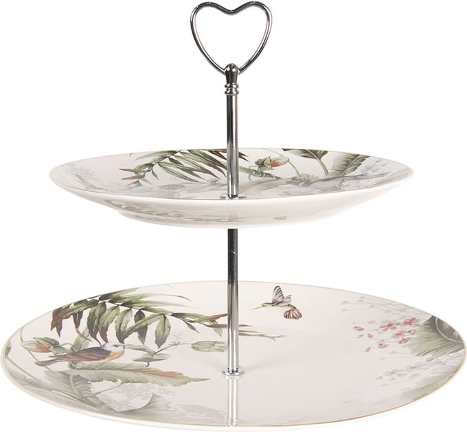 Clayre & Eef Etagère 2 laags Ø 26x24 cm Wit Groen Porselein Vogels