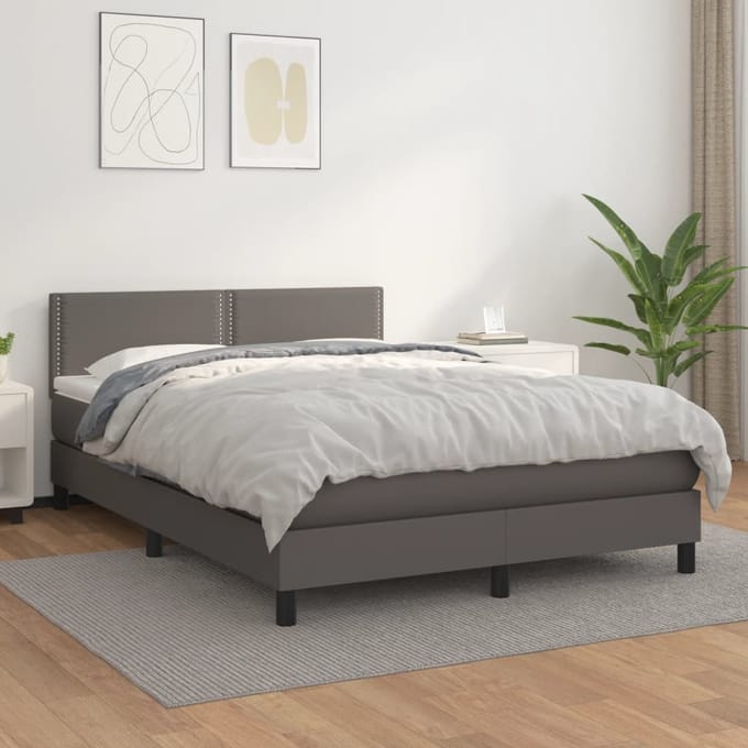 vidaXL - Boxspring - met - matras - kunstleer - grijs - 140x190 - cm