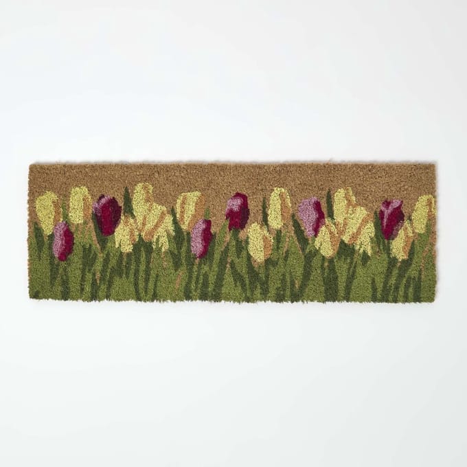Homescapes Antislip Kokos Deurmat met Tulpenmotief, 25 x 75 cm