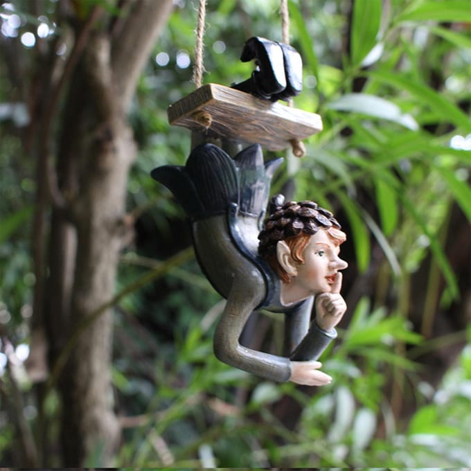 Hars Schommel Fee Beeld Boom Hangend Ornament Schommelend Beeldje Decor voor Buiten Tuin Binnenplaats black