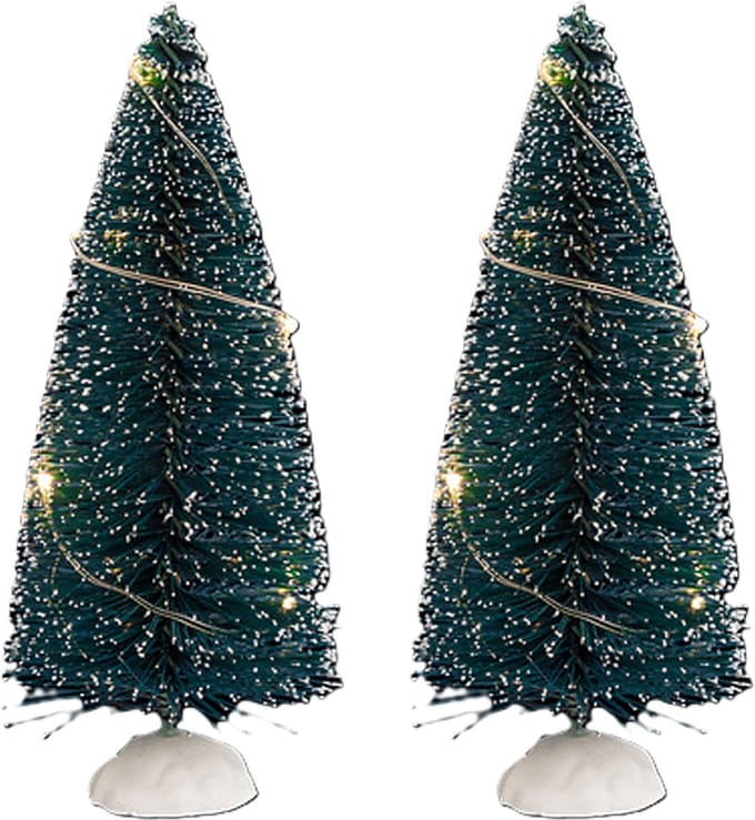 Feeric Christmas Kerstdorp mini kerstboompjes - 2x st - 15 cm - verlicht - 20 witte LED lampjes - kleine kerstdorp boompjes