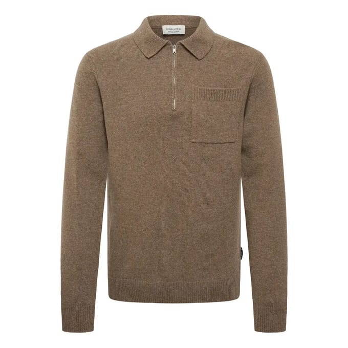 Casual Friday Sweater Wol Kraagje & Rits Bruin - Maat M