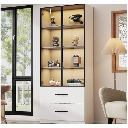 ModernLuxe Vitrinekast 60×40×160 cm - met LED-verlichting - 2 glazen deuren en 2 laden - aluminium frame - wit