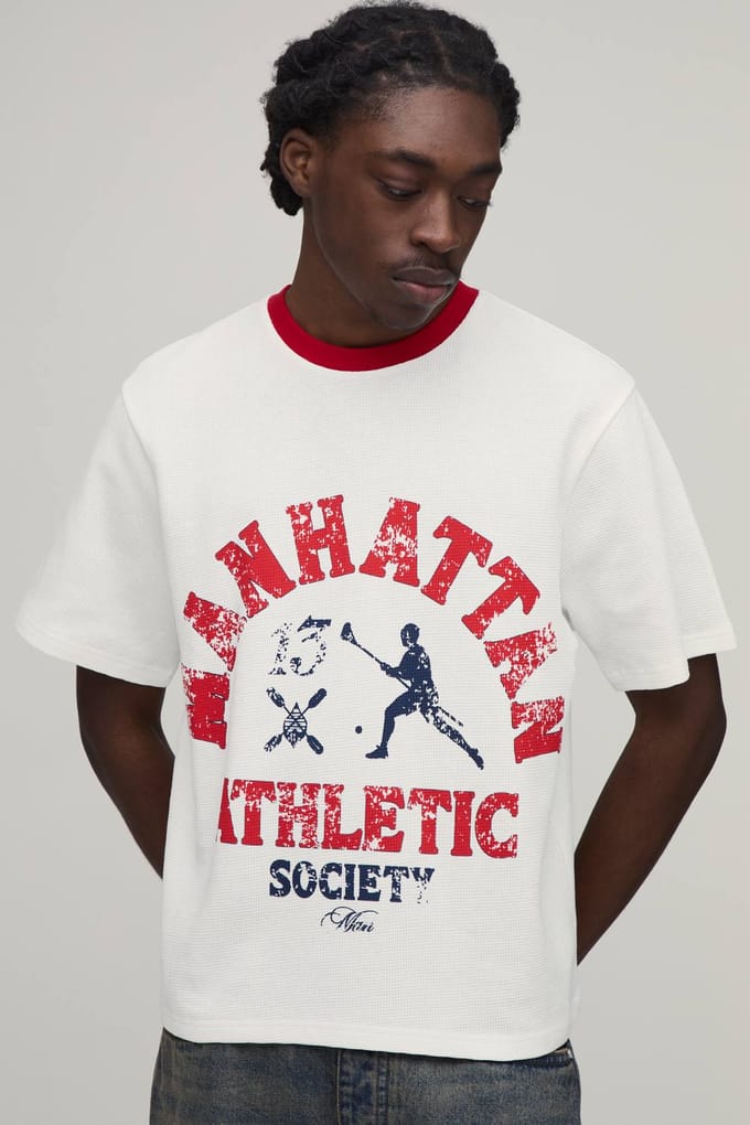 Regular Fit Waffle Athletic Society Print Short Sleeve T-Shirt | Ecru | Size Small