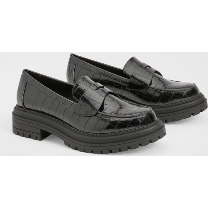 boohoo Dames Chunky Croco Banddetail Loafers | Black | Maat: 3