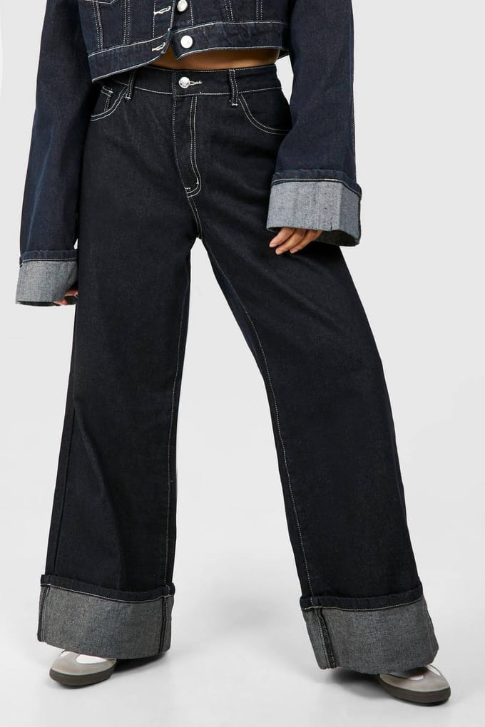 boohoo Dames Petite Turn Up Cuff Wide Leg Jeans | Indigo | Maat: 8