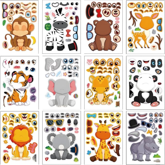 Dierenstickers - Make-up stickers - Creatief Knutselen - 24 Stuks - 15x21 cm - Multicolor