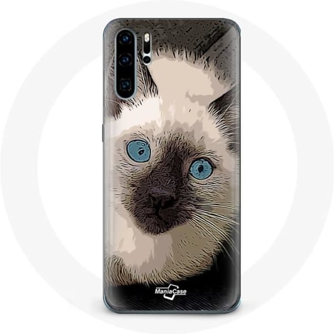 Coque pour Huawei P30 Chat Siamois Noir et blanc aux Yeux Bleus