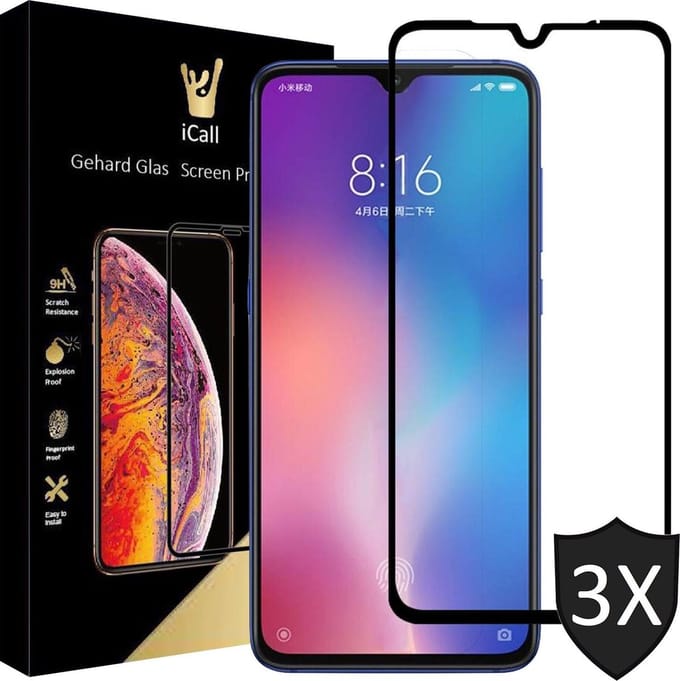 Screenprotector geschikt voor Xiaomi Mi 9 - Tempered Gehard Glas - Full Screen Volledig Beeld - iCall - 3 Stuks