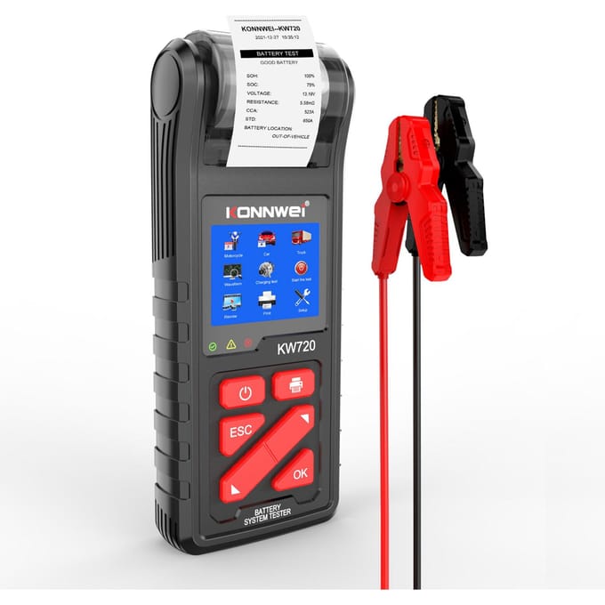 KONNWEI KW720 Auto Accutester Met Geïntegreerde Printer 6V 12V 24V Accu Belastingstester Starten zwart