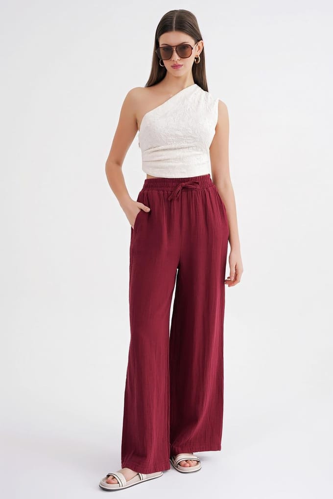 Hoge Taille Textuur Muslin Stof Broek