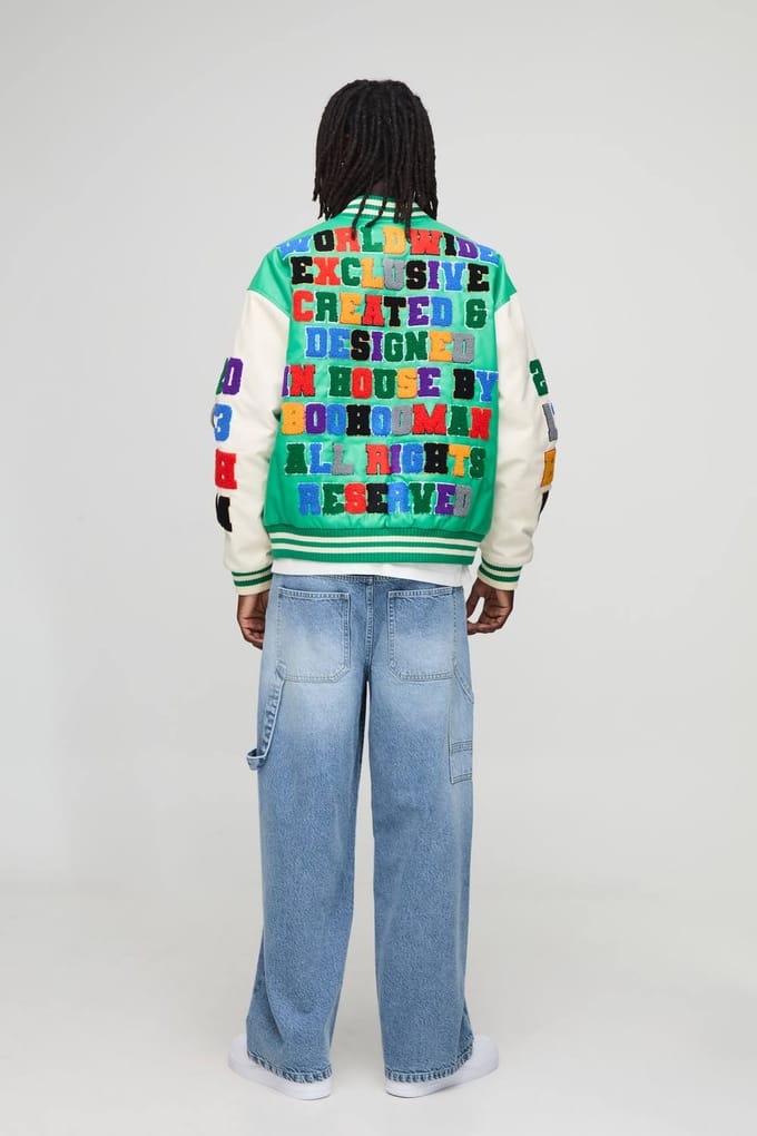 Boxy Fit Letter Badge Official Applique PU Varsity Bomberjack | Green | Size Medium