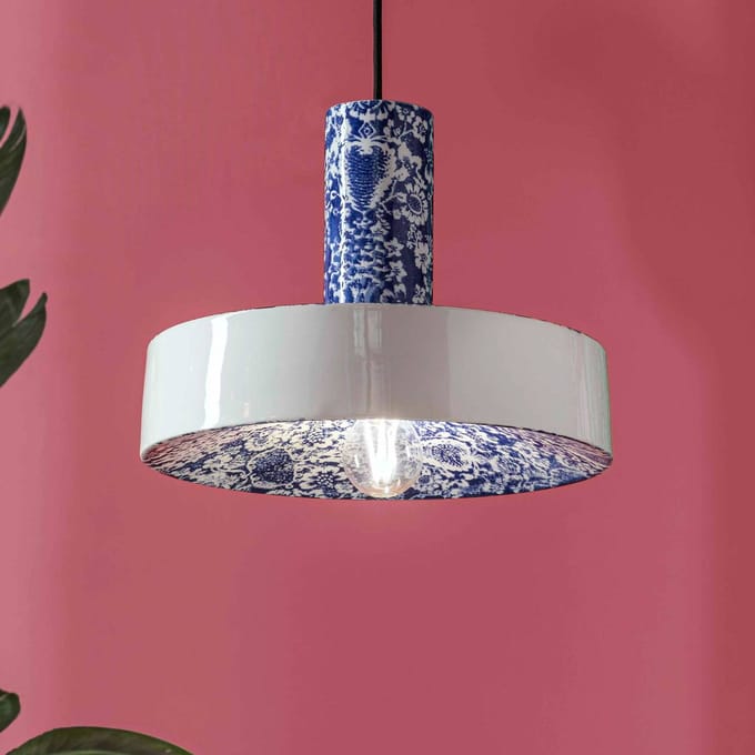 Ferroluce Hanglamp PI met bloemenmotief, Ø 35 cm, blauw/wit