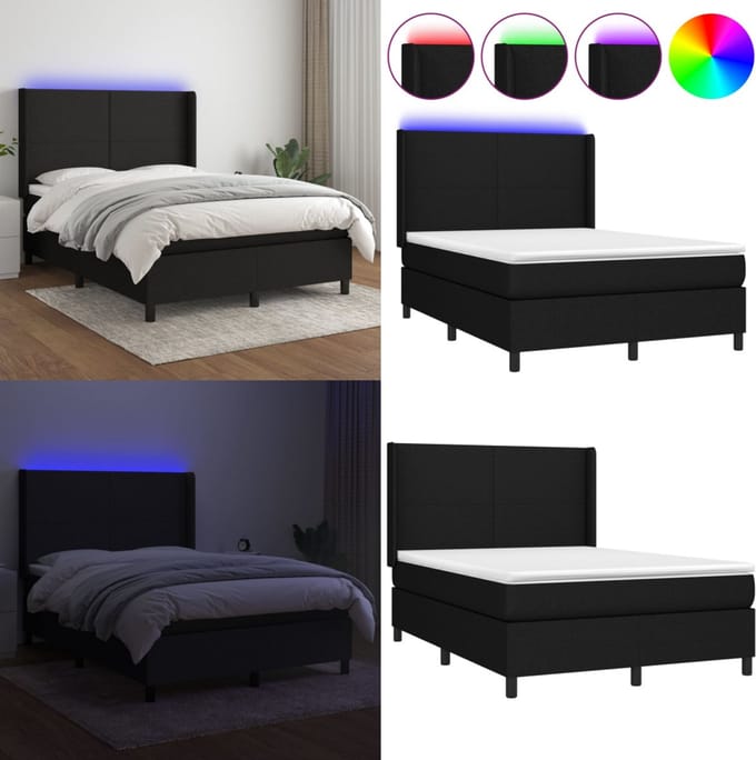 vidaXL - Boxspring - met - matras - en - LED - fluweel - zwart - 140x200 - cm