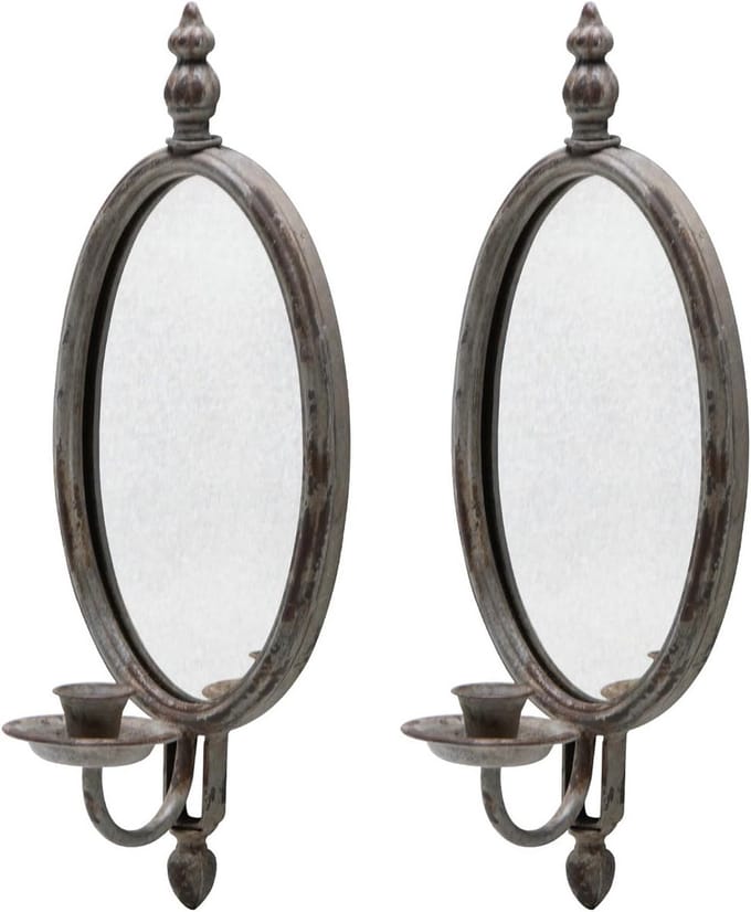 Set van 2 Vintage Kandelaars met Ovale Spiegel | Oud Metaal