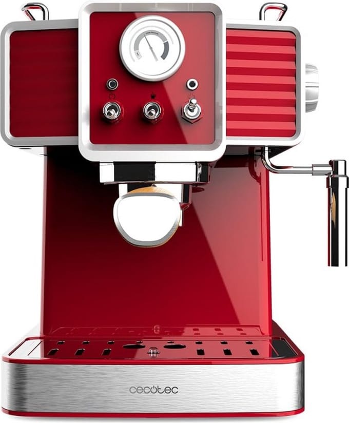 Cecotec Express-Kaffeemaschine Power Espresso 20 Tradizionale Light Red, 1350 W, Espresso und Cappuccino, 20 Bar und Thermoblock, Dampfdüse, Manometer, Vintage-Design, 1,5 Liter Kapazität