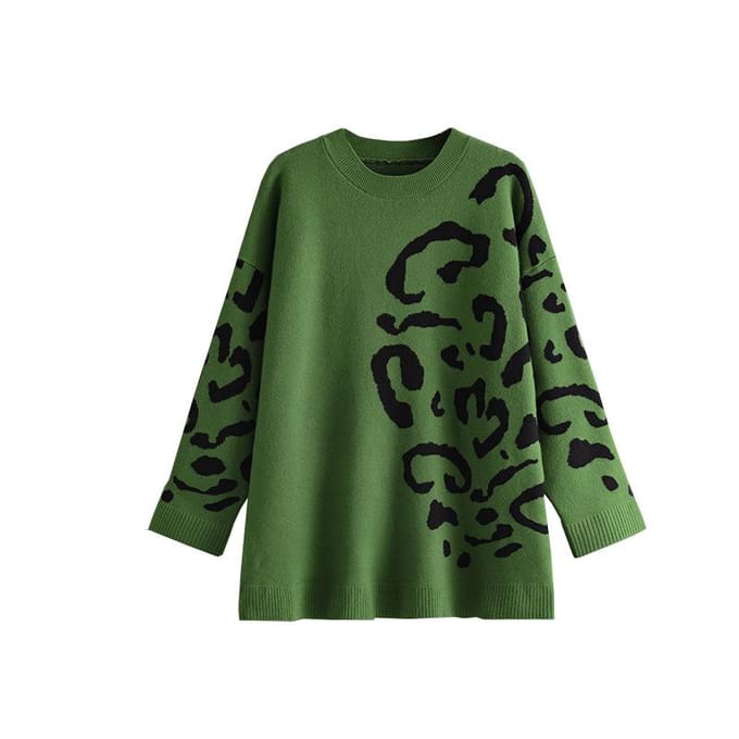 Gebreide Jacquard Trui Dames Ronde Hals Pullover Luipaardprint Lange Mouwen Middellange Lengte Basis Shirt lichte koffiekleur
