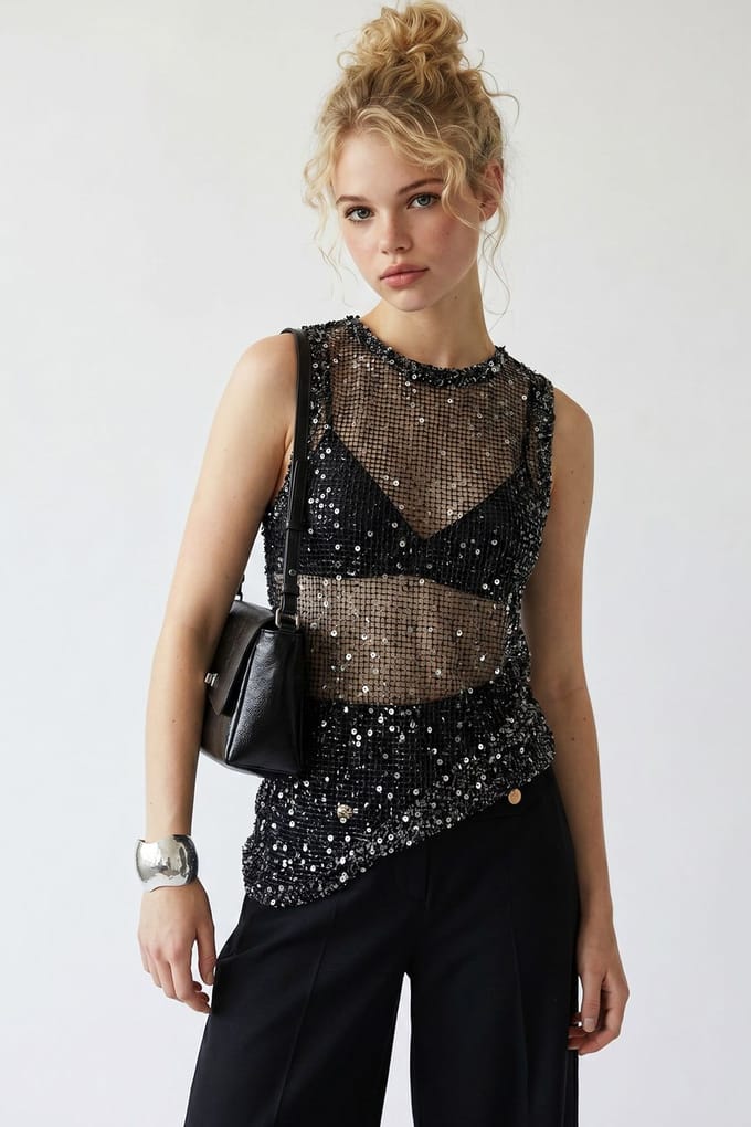 Pailletten Mouwloze Crew Neck Blouse