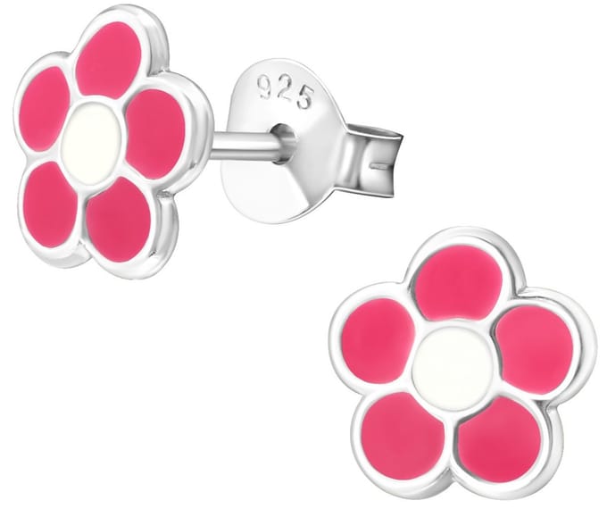Joy|S - Zilveren bloem oorbellen - 8 mm - roze wit - oorknoppen