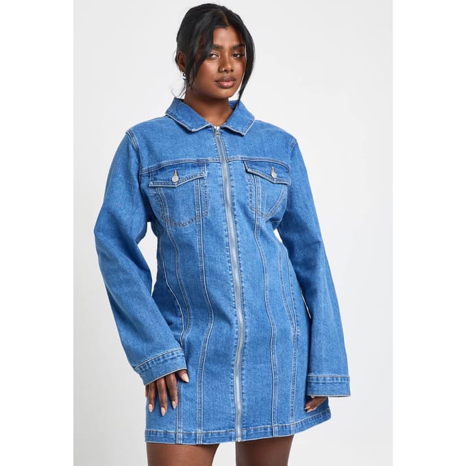 boohoo Dames Plus Size Denim Jurk met Rits | Mid Blue | Maat: 26