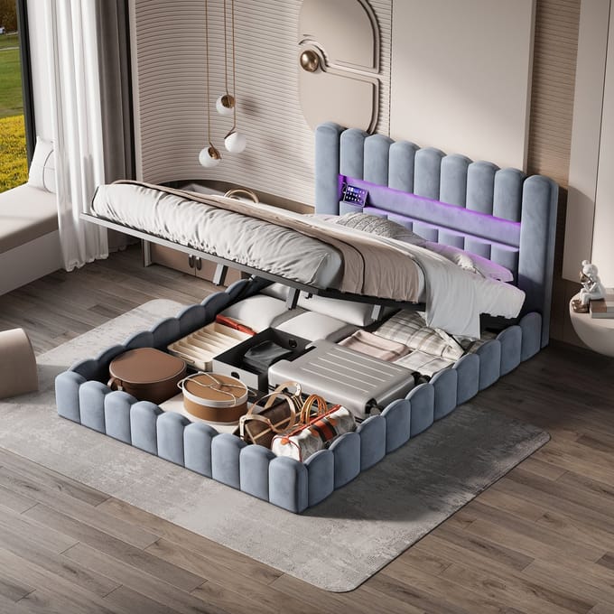 Opbergbed 180x200 Grijs met LED & USB-C – Gestoffeerd Linnen Bed
