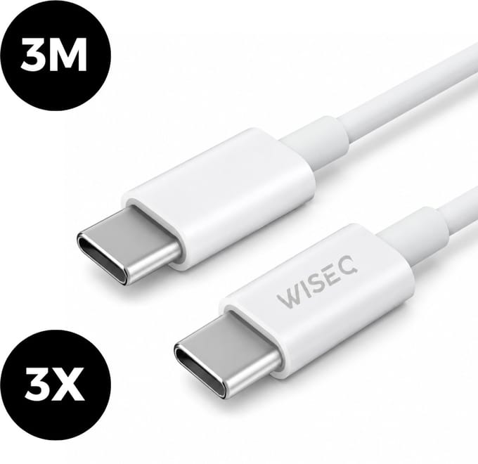 USB C naar USB C kabel 3 meter - set van 3 - 100W Oplaadkabel USB C - Geschikt voor Macbook, iPhone 17 / 16 / 15, Samsung Galaxy - wit - WiseQ