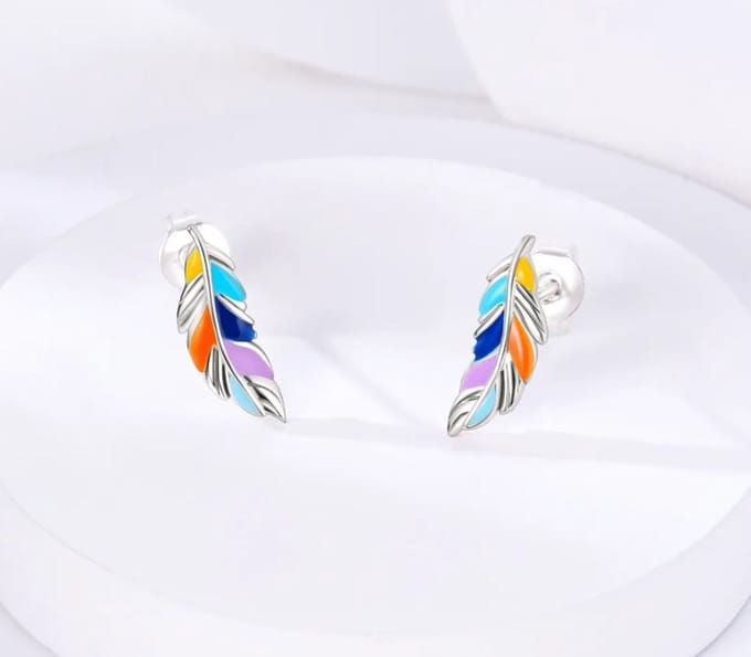 Oorbellen veertjes zilverkleur - multicolor Sterling zilver925