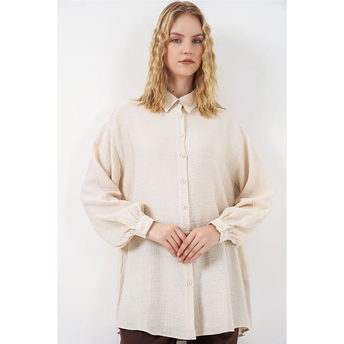 Oversized Textuur Lange Blouse met Shirtkraag