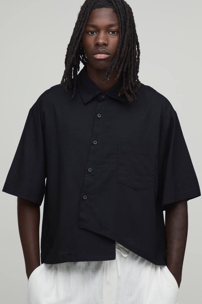 Oversized Boxy Asymmetrisch Linnen Shirt Met Halve Mouw | Black | Size Large