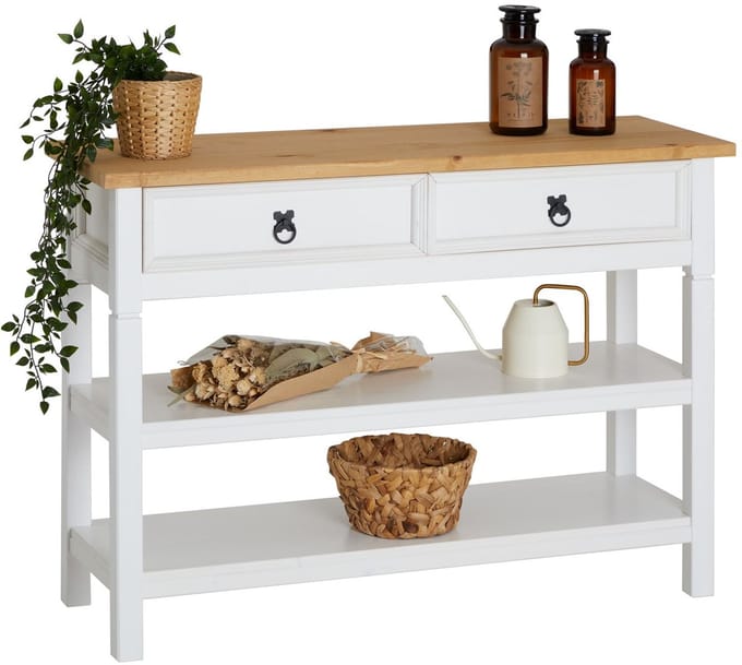 TEQUILA-console, massief grenen, wit/bruin, met 1 lade en 2 legplanken, Mexico