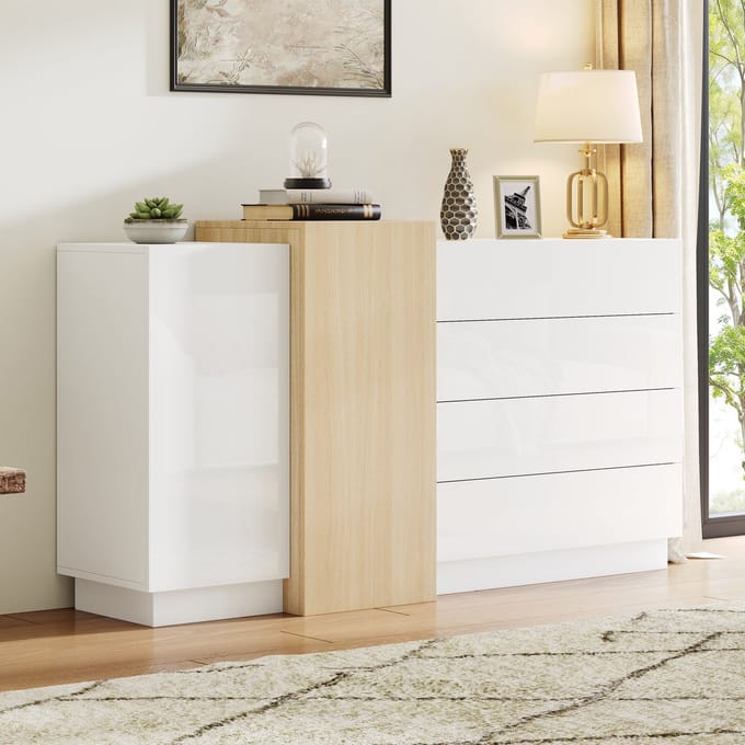 Sweiko Hoogglans Dressoir - met Opbergruimte - Houten opslagkast - Wit+Natuurlijke