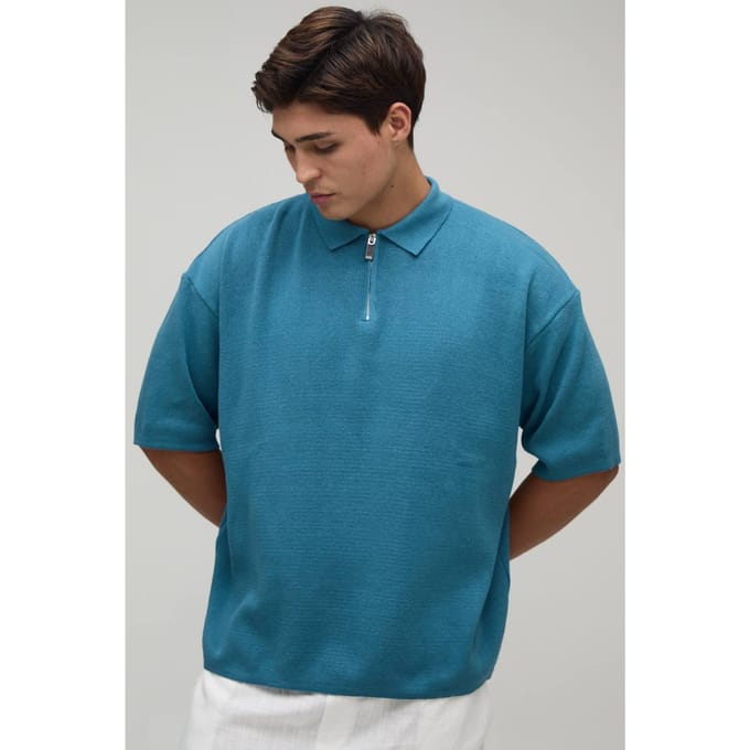 Oversized Boxy 1/4 Zip Cotton Blend Knitted Polo T-Shirt | Teal | Size Medium