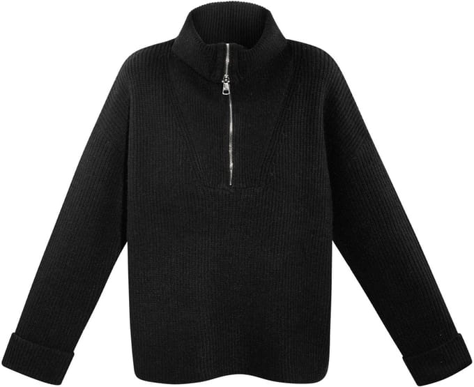 Moderne Gebreide Vrouwen Trui met Half-Rits - Zwart - Maat S/M
