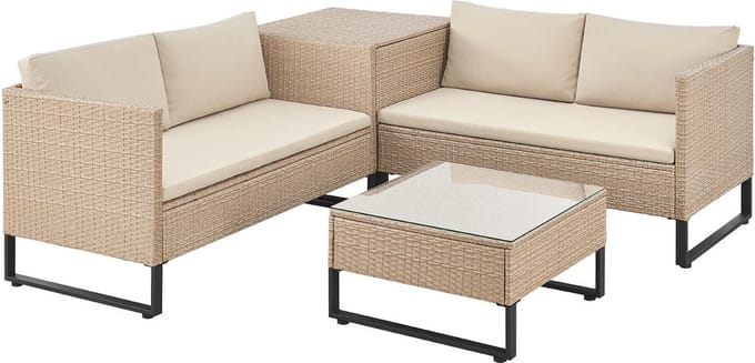 Juskys Loungeset / Tuinset Santorini - Polyrotan - Modulair - Crème - Incl. Tafel & Opbergbox